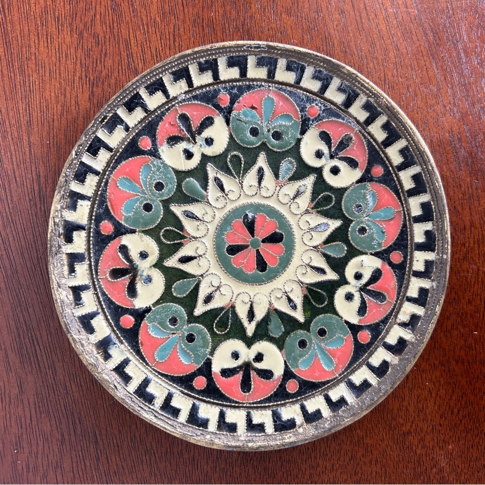 Brass and Enamel Decorative Plate with Hanger Round 5 inch